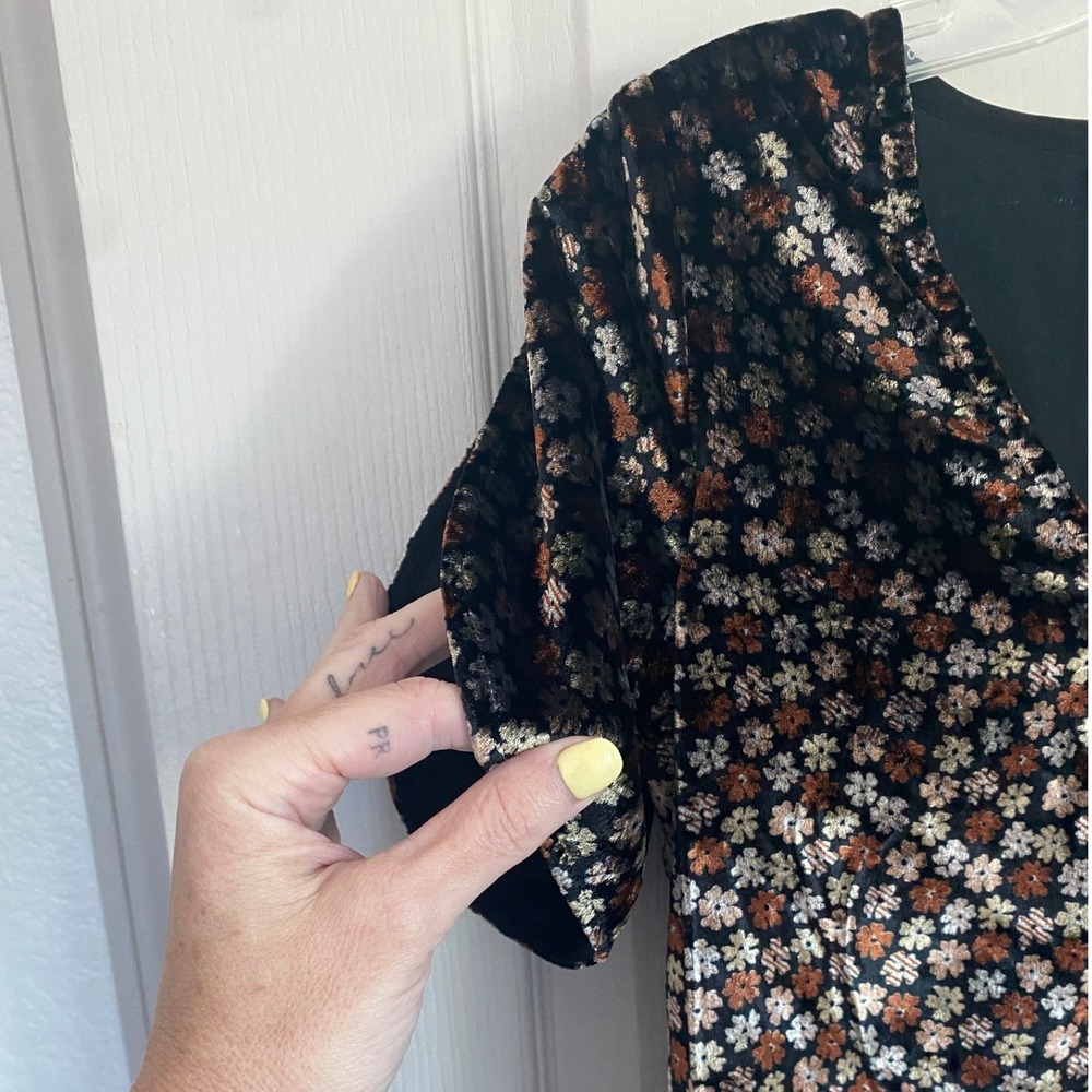 Madewell Velvet Split Sleeve Ruffle Hem Floral Top Black Brown K2795 XS - Picture 9 of 13